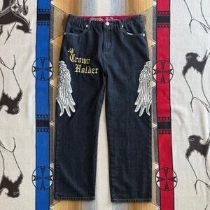 Vintage Y2K Men’s Crown Holder Embroidered Denim Jeans Size 34x30 Hip Hop Skater